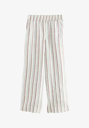 Białe spodnie o szerokich nogawkach z lnu z domieszką, w czerwone pionowe paski. Posiadają elastyczny pas i boczne kieszenie. Lekkie, o gładkiej fakturze.