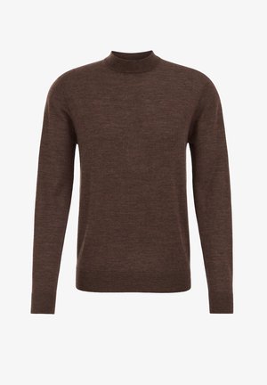 Pulover lung cu maneci, de culoare maro, cu guler rotund și manșete și tiv cu detalii răsucite, confecționat dintr-un material tricotat moale.