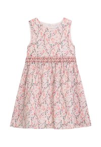Ärmelloses Kleid aus hellrosa Stoff mit Blumenmuster in Orangetönen, Lila und Grün; geraffter Taillenbund; schwingender Rock.