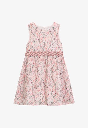 Ärmelloses Kleid aus hellrosa Stoff mit Blumenmuster in Orangetönen, Lila und Grün; geraffter Taillenbund; schwingender Rock.