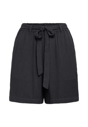 Black high-waist shorts with a tied fabric belt, belt loops, and a slightly textured fabric, shown front-facing on a white background.