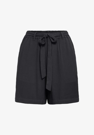 Black high-waist shorts with a tied fabric belt, belt loops, and a slightly textured fabric, shown front-facing on a white background.