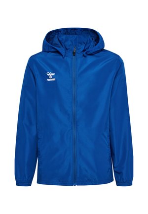 To børn iført blå Hummel-jakker og grønne skjorter, der står side om side mod en ensartet lys baggrund.