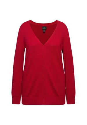 Czerwony kardigan z dekoltem w serek, długimi rękawami i zapięciem na guziki. Wykonany z miękkiego materiału o subtelnej fakturze i dopasowanym kroju.