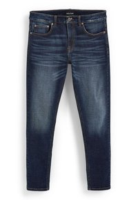 Jeans slim-fit din denim albastru închis, cu o ușoară decolorare, cinci buzunare, accesorii de culoare cupru și detalii de cusătură portocalie.