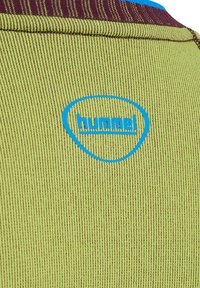 Grüner Textilstoff mit vertikalen Streifen; verfügt über ein blaues „hummel“-Logo und einen kastanienbraunen Kragenakzent. Einfaches, sportliches Design.
