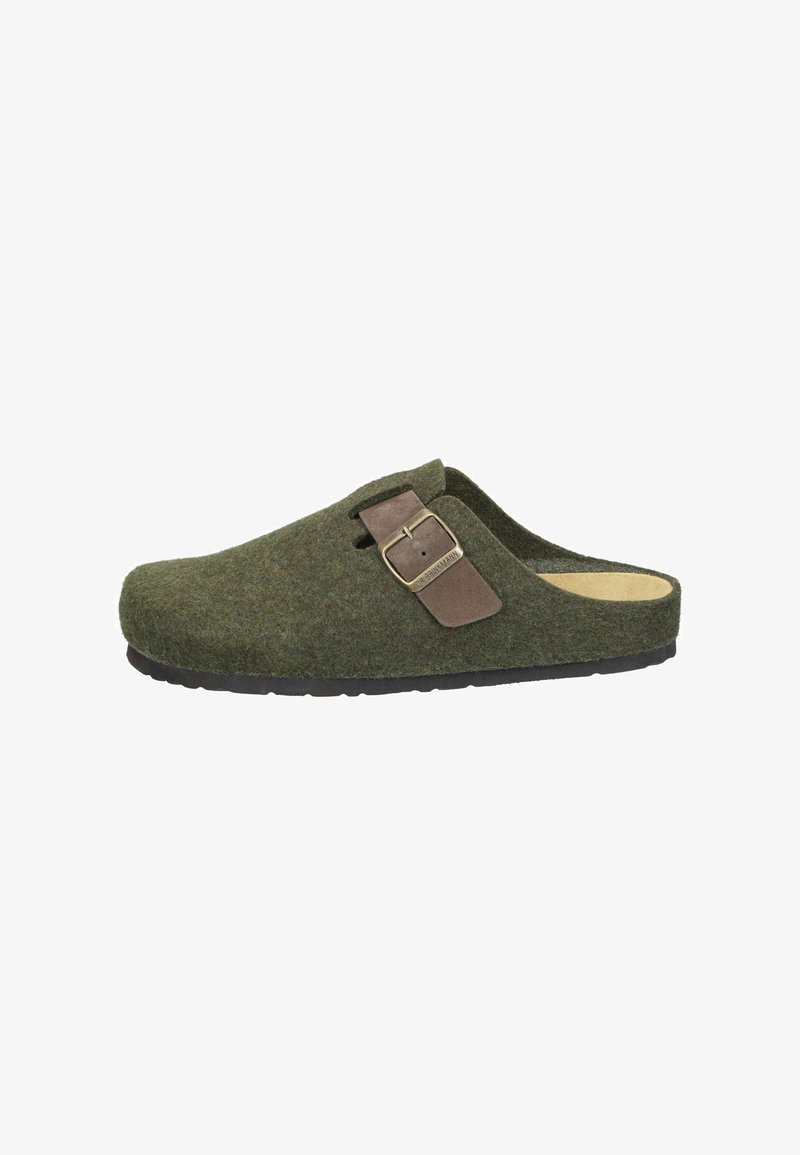 Closed-toe dark green felt slipper with adjustable brown leather strap and brass buckle, black sole, and open back heel.