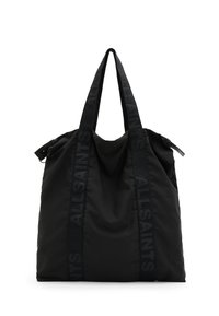 Black nylon tote bag with dual fabric handles, featuring textured logo straps and a zipper closure at the top. Soft, unstructured design.