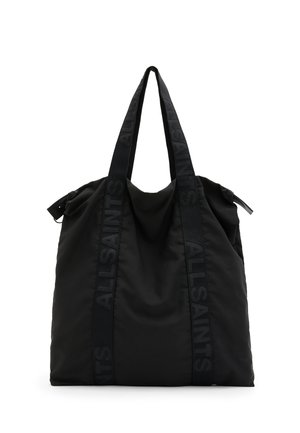 Bolsa tote de nylon negra con asas de tela dobles, que presenta correas de logo texturizadas y un cierre de cremallera en la parte superior. Diseño suave y no estructurado.