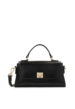 Black leather handbag with a structured design, featuring a top handle, detachable strap, and gold-tone hardware accents.