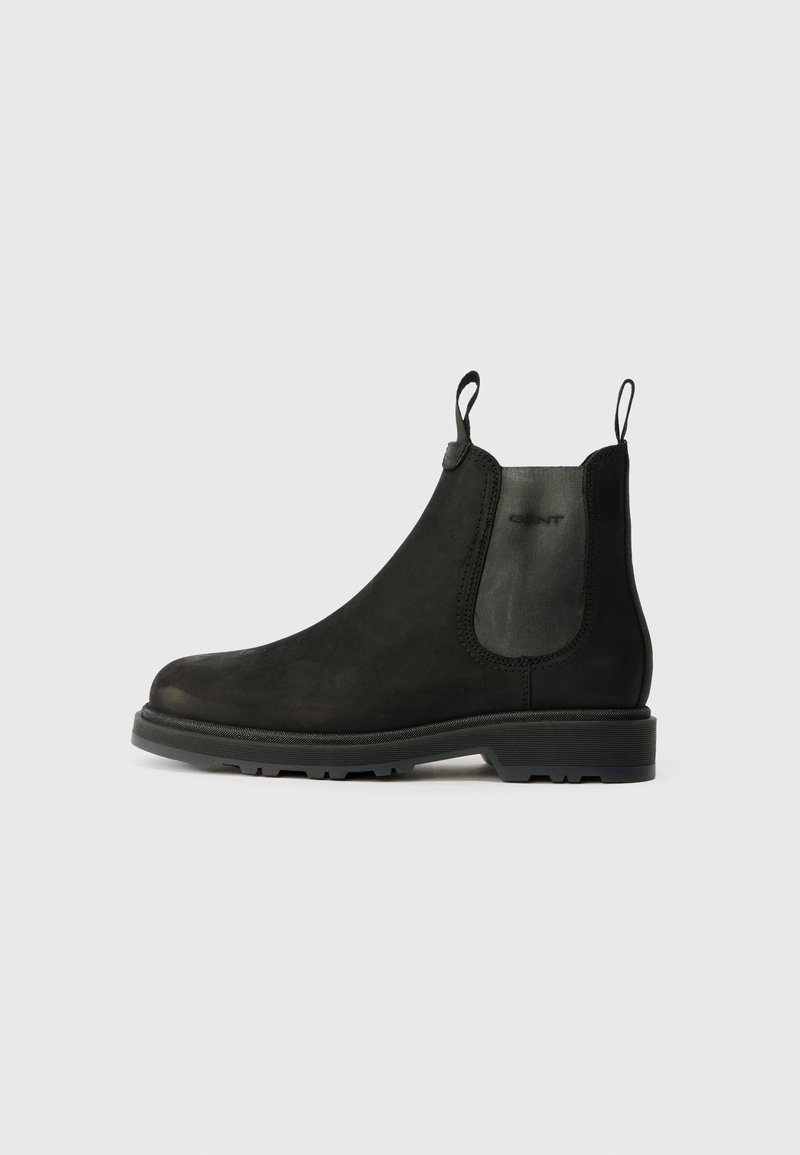 Bottines Chelsea noires en daim avec des panneaux latéraux élastiques, des languettes de traction, un bout arrondi et une semelle en caoutchouc robuste.