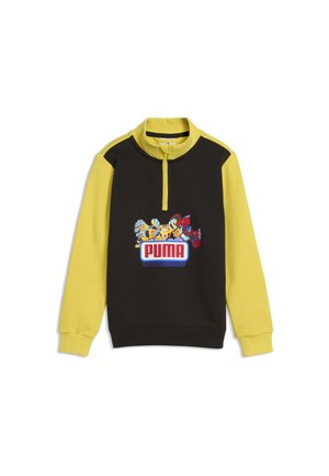 Børns sort og gul langærmet pullover med kvart lynlås og farverigt Puma-logo med tegneseriefigurer på brystet.