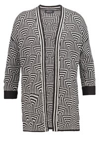 Černobílý pletený cardigan s geometrickými vzory, otvoreným předním designem, tříčtvrtečními rukávy a žebrovanými manžetami.