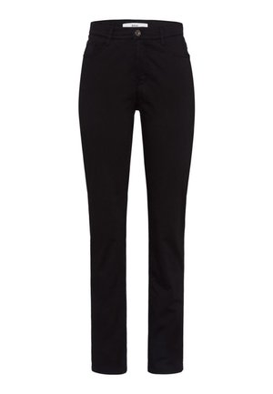 Sorte bukser lavet af et glat stof, med et slim-fit design, fem lommer og en frontknap med lynlås.
