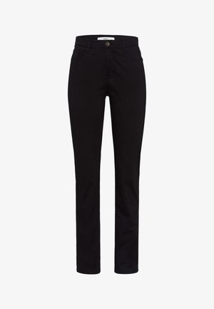 Pantaloni neri realizzati in un tessuto liscio, con un design slim-fit, cinque tasche e una chiusura frontale con bottone e zip.