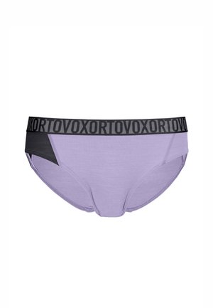 Lavender men's briefs with black waistband featuring repeating "ORTOVOX" text and a black mesh panel on the left side.