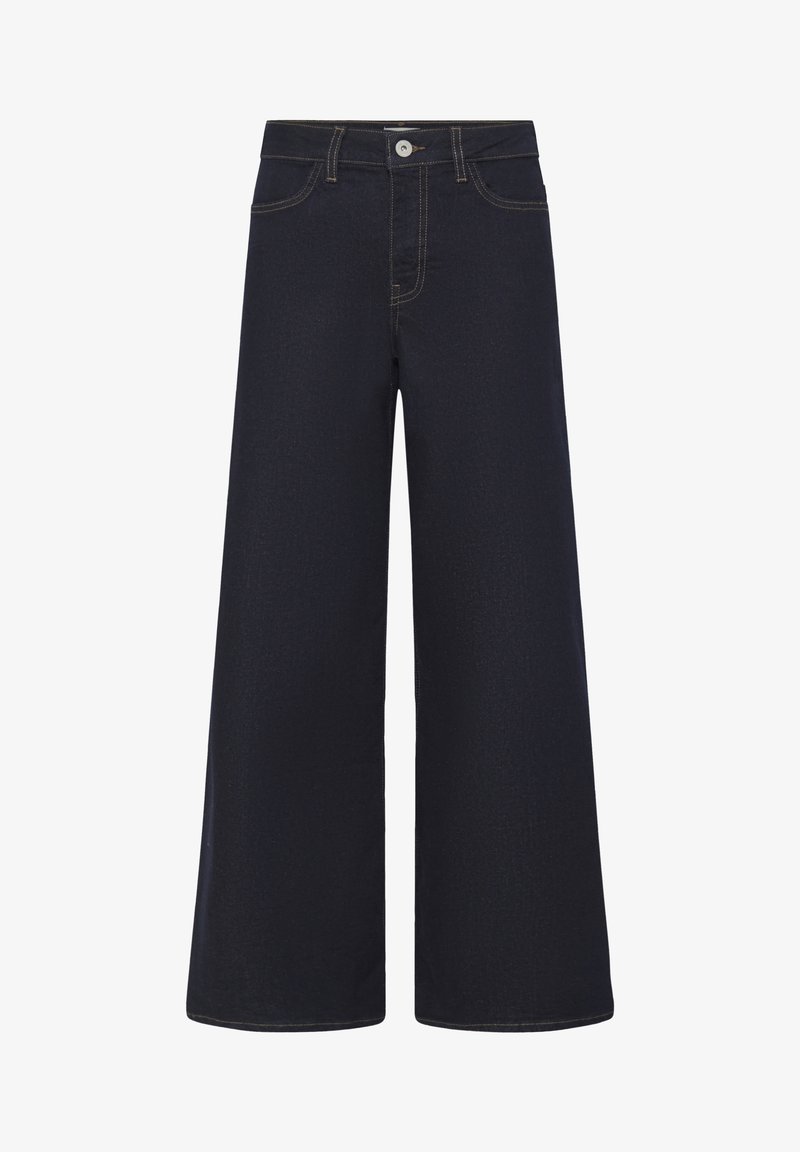Jean en denim bleu foncé taille haute à jambes larges avec fermeture à boutons et zip à l'avant, poches avant et arrière, et surpiqûres contrastantes.