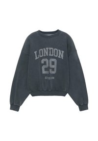 Tummanharmaa collegepaita pyöreällä pääntiellä, lasketuilla harteilla ja resorikäänteillä. Edessä vaaleanharmaat printit, joissa lukee "LONDON 29" ja "ATH SEASON".