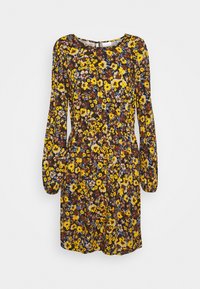 Robe fleurie à manches longues, ornée de fleurs jaunes et bleues éclatantes sur un fond sombre, taille élastique et encolure ronde.