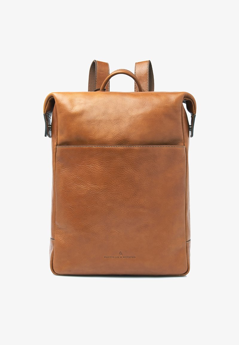 Tan leather backpack with fold-over top, front pocket, and dual shoulder straps, featuring Castelli & Beerens logo at the bottom center.