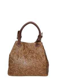 Borsa in pelle tan con motivo floreale in rilievo, manici rotondi marroni e dettagli cuciti. Forma strutturata con una finitura testurizzata.