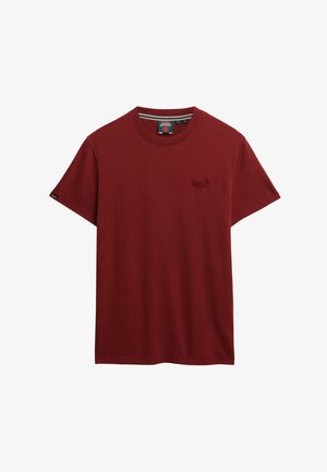 T-shirt di cotone rosso con collo rotondo, maniche corte e un piccolo logo ricamato sul petto. Tessuto morbido e design casual.