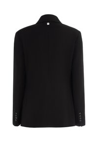 Blazer nero con colletto a rever, maniche lunghe con polsini a sei bottoni e spacco centrale sul retro. Tessuto liscio con design strutturato.