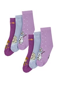 Vier Paare vonKindersocken in lebhaften Farben: lila, hellblau und lavendel. Jedes Paar hat Charakterdrucke, darunter einen Schneemann und zwei Figuren.