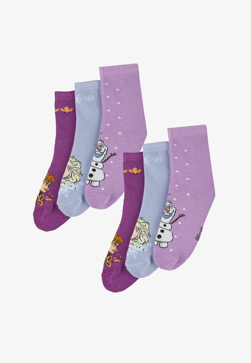 Four pairs of kids' socks featuring vibrant colors: purple, light blue, and lavender. Each pair has character prints, including a snowman and two figures.