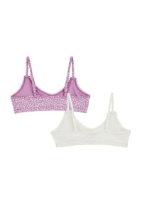 Dve bralette: ena sivkasta z cvetličnim printom in čipkastim robom, ter ena enobarvna bela z čipkastimi robovi. Obe imata nastavljive naramnice.