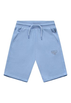 Lichtblauwe casual shorts met een trekkoord in de taille, zijzakken en een kleine bedrukte tekst op de rechterdij.