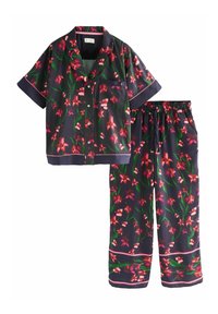 Bloemenprint pyjamapakket met een shirt met korte mouwen en broek met elastische taille. Donkere achtergrond met roze en groene accenten. Zachte stof.