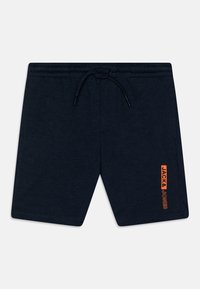 Marinblåa avslappnade shorts med elastisk midja och dragsko, med en orange vertikal "JACK & JONES"-logotyp på vänstra benet.