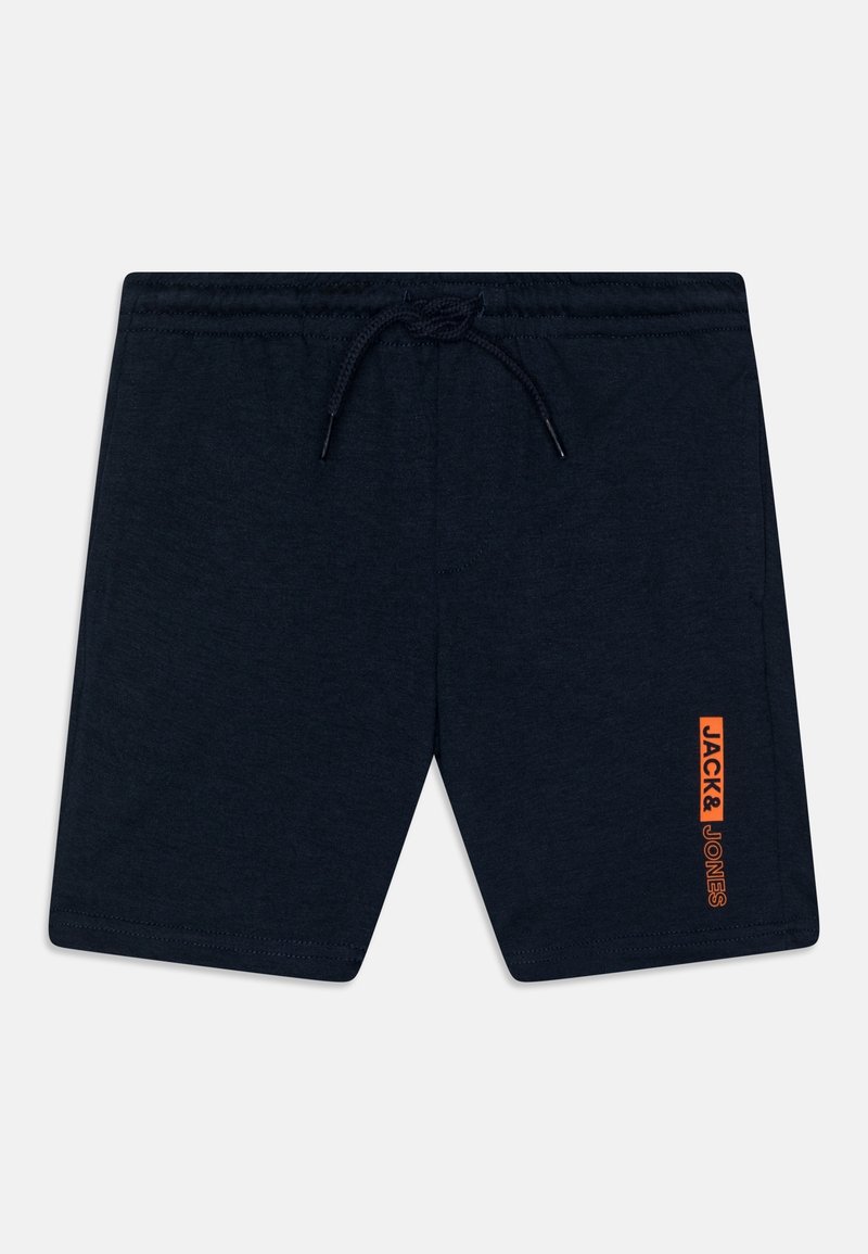 Marinblåa avslappnade shorts med elastisk midja och dragsko, med en orange vertikal "JACK & JONES"-logotyp på vänstra benet.