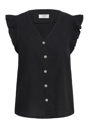 Crna bluza bez rukava s naboranim ramenima, V-izrezom i pet bijelih gumba sprijeda.