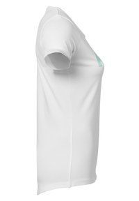 Weißes T-Shirt aus Baumwolle, mit kurzen Ärmeln und einer Seitennaht. Gedrucktes türkisfarbenes Design auf der Brust. Glatte Textur.