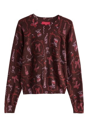 Rjavi pulover z prazničnimi vzorci pentelj, okraskov in steklenic šampanjca v rdečih in rožnatih tonih. Rebrast izrez in manšete.