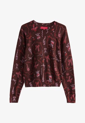 Ruskea neulepaita, jossa juhlateemaiset kuviot, kuten rusetit, koristeet ja samppanjapullot punaisen ja vaaleanpunaisen sävyissä. Resorikaulus ja -hihansuut.