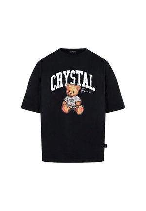 T-shirt nera oversize in cotone, con una grafica di un orsetto e la scritta "CRYSTAL Paris" in bianco sopra e sotto.