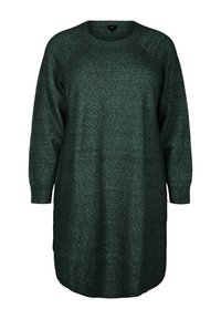 Abito maglione oversize a maniche lunghe di colore verde scuro, realizzato in un materiale a maglia testurizzato, con scollatura rotonda e fessure laterali all'orlo.