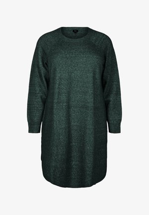 Langärmliges, oversized Pulloverkleid in Dunkelgrün, aus strukturiertem Strickmaterial gefertigt, mit Rundhalsausschnitt und seitlichen Schlitzen am Saum.