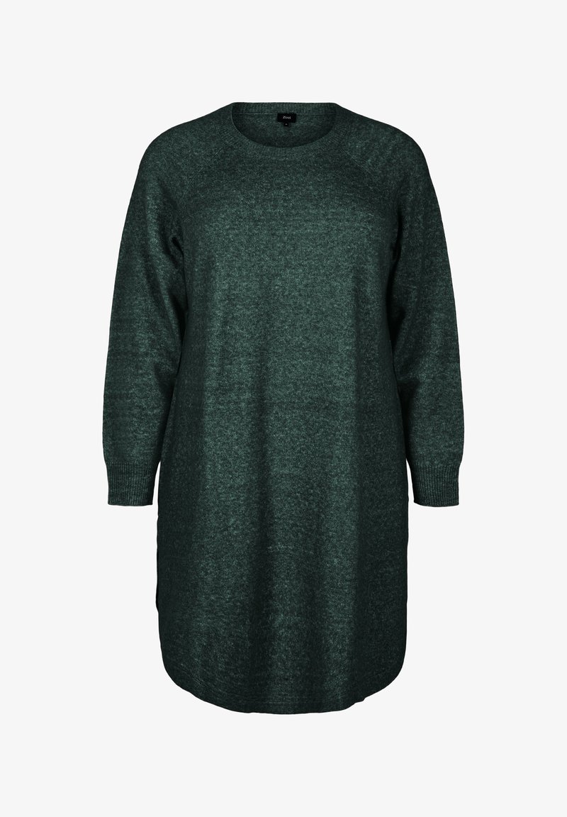 Langärmliges, oversized Pulloverkleid in Dunkelgrün, aus strukturiertem Strickmaterial gefertigt, mit Rundhalsausschnitt und seitlichen Schlitzen am Saum.