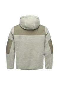 Fleecjacka i ljusgrå med ljusbruna accentpaneler; har huva, texturerad tyg och avslappnad silhuett.