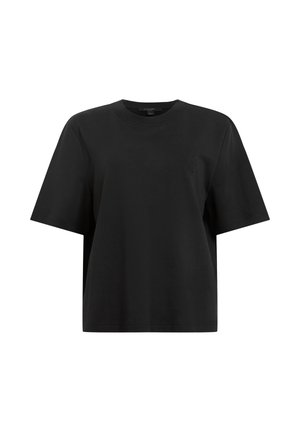 Sort bomuld t-shirt med løs pasform, rund halsudskæring og korte ærmer. Fremhæver et subtilt præget logo på brystet.