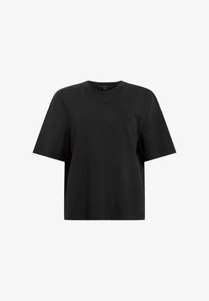 Sort bomuld t-shirt med løs pasform, rund halsudskæring og korte ærmer. Fremhæver et subtilt præget logo på brystet.