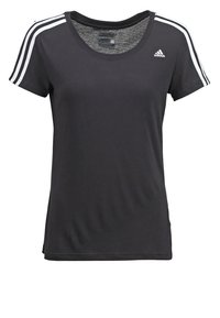 Camiseta negra de manga corta hecha de tela suave, con escote redondo y tres rayas blancas en los hombros. Pequeño logo en el pecho.