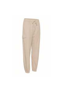 Beige cargobyxor med elastisk midja, dragkedjedetalj och smalnade anklar. Har en sidoficka för extra användbarhet.