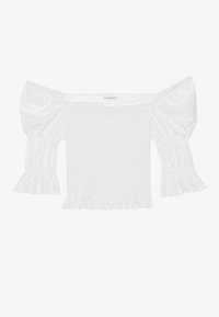 Biely off-the-shoulder top s bufkovými rukávmi, smútteným telom a rozšíreným volánovým lemom. Vyrobený z textúrovanej bavlny s otvorenými detailmi.
