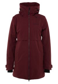 Bordeaux parka bunda s vysokým límcem, nastavitelnou kapucí, předním zipem a elastickými manžetami pro bezpečné nošení. Hladká textura a minimalistický design.