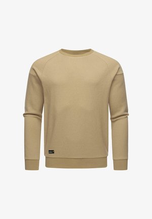 Felpa beige a maniche lunghe con tessuto testurizzato, polsini a costine e collo rotondo. Presenta una piccola toppa con logo all'orlo.